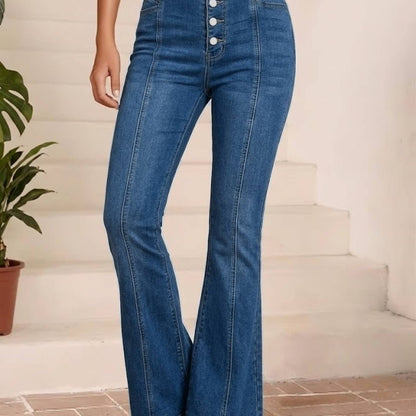 Women Casual High Waist Button Fly Flare Jeans Vertical Panel Stitching Stretch Slimming Retro Bell Bottom Denim