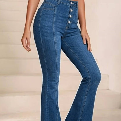 Women Casual High Waist Button Fly Flare Jeans Vertical Panel Stitching Stretch Slimming Retro Bell Bottom Denim