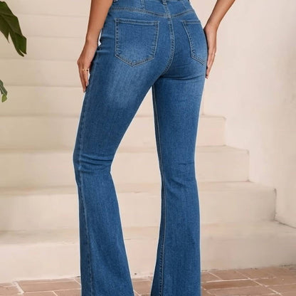 Women Casual High Waist Button Fly Flare Jeans Vertical Panel Stitching Stretch Slimming Retro Bell Bottom Denim