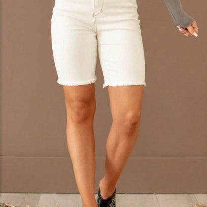 Women High Waist Frayed Hem Bermuda Denim Shorts, White Stretch Knee Length Jean Shorts With Pockets