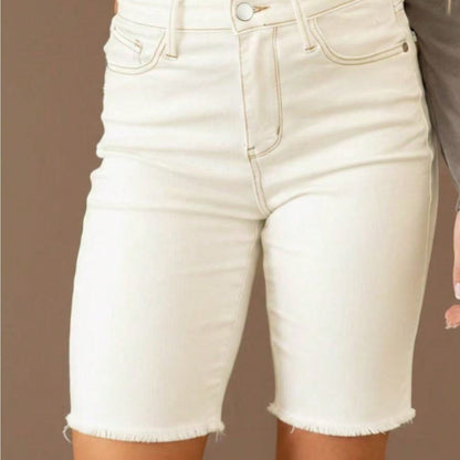 Women High Waist Frayed Hem Bermuda Denim Shorts, White Stretch Knee Length Jean Shorts With Pockets
