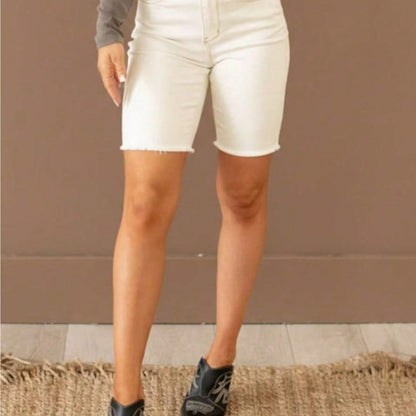 Women High Waist Frayed Hem Bermuda Denim Shorts, White Stretch Knee Length Jean Shorts With Pockets