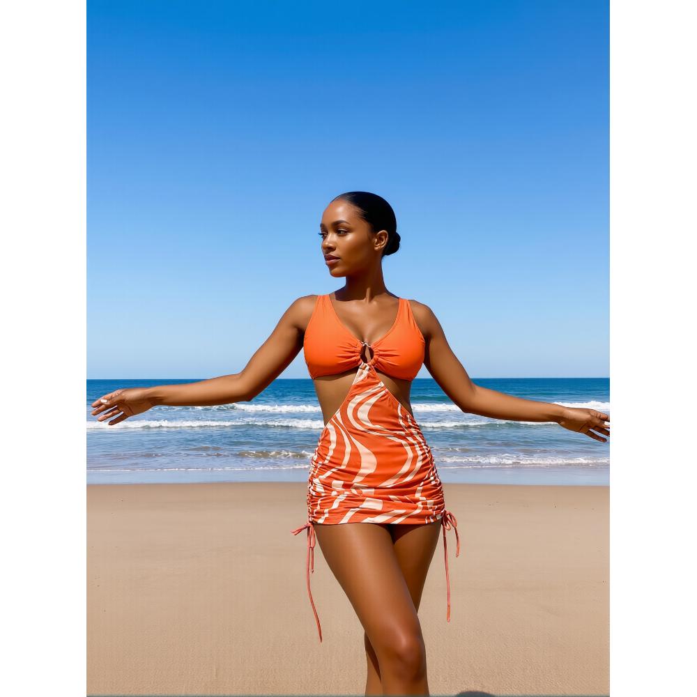 New Flattering Tankini Set: Orange Zebra Print, Cutout, Ring Detail, Ruched Drawstring, Beach Vacation Style