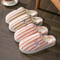Ins Plush Striped Slippers Winter Warm Letter Embroidered Shoes Fashion Floor Bedroom Home Slippers Female Male Couple