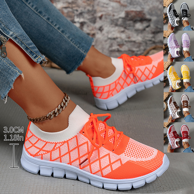 Colorblock plaid lace-up flyknit sneakers ins mesh casual shoes fashion breathable walking running sports shoes for women