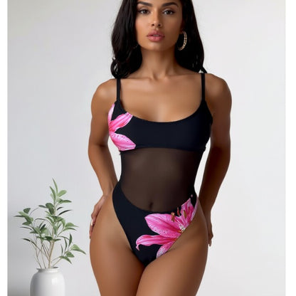 New Pink Lily Print One-Piece Swimsuit With Mesh Waist