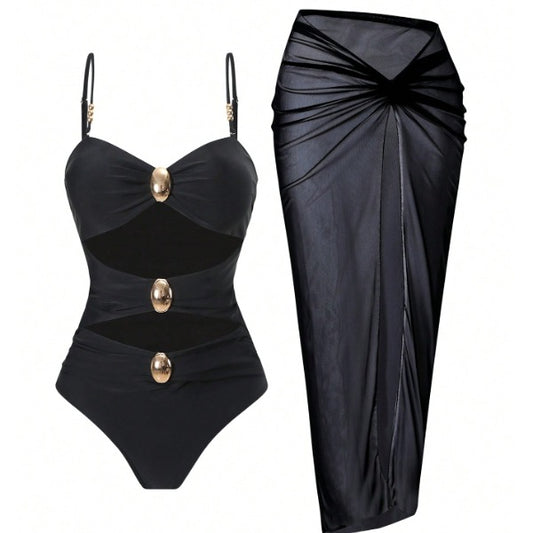 New Black 2-Piece Swimwear Set, Gold Detail Cutout One-Piece Swimsuit And Mesh Wrap Skirt