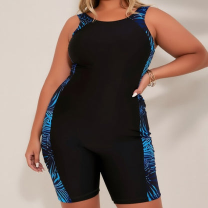 One-piece plus size black swimsuit, slimming and flattering, casual sporty beach vacation swimwear for women.