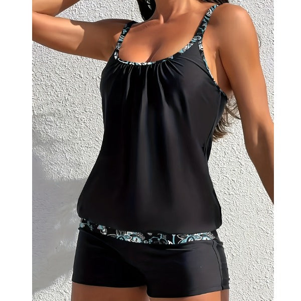 New women's tankini two-piece set - solid black bohemian print conservative shorts beachwear swimsuit