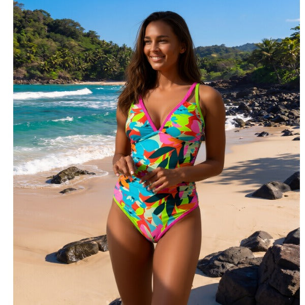 New Tropical Vibrant Floral One-Piece Swimsuit Women's Deep V Double Strap Ruched High-Waisted Bathing Suit for Beach Vacation, Vibrant & Eye-Catching