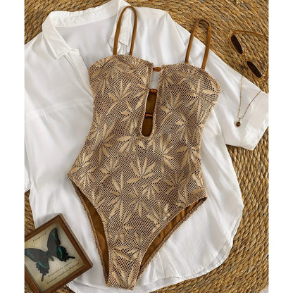 New Leaf Crochet Mesh One-Piece Swimsuit With Wooden Button Cutout Front