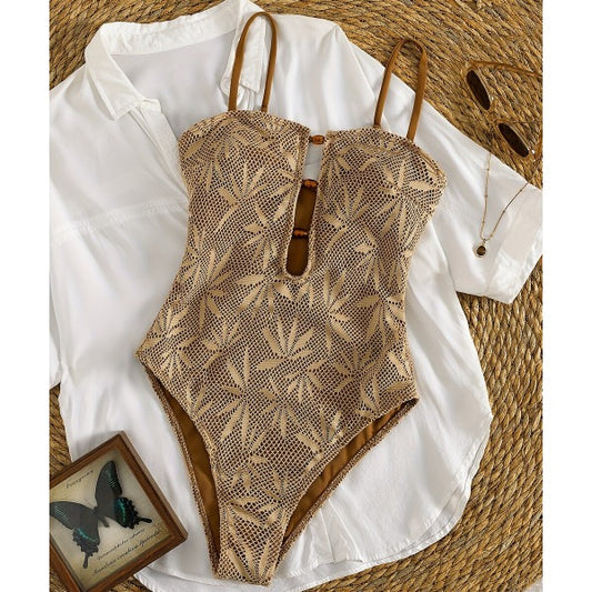 New Leaf Crochet Mesh One-Piece Swimsuit With Wooden Button Cutout Front