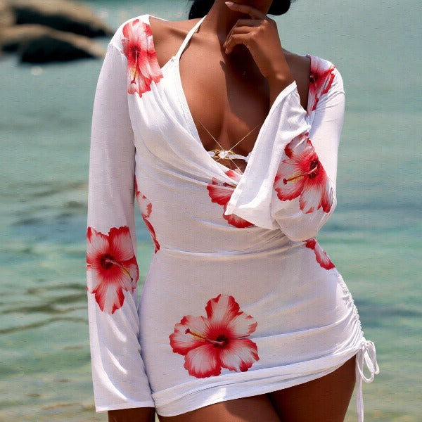 New Hibiscus Print 2-Piece Swimwear Set, Halter Bikini And Long Sleeve Mesh Cover-Up Dress