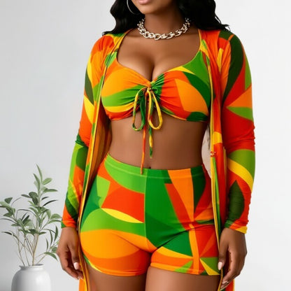 New Abstract Color Block 3-Piece Swimwear Set, Drawstring Bikini Top, High Waist Swim Shorts And Long Sleeve Kimono Cover Up