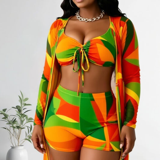 New Abstract Color Block 3-Piece Swimwear Set, Drawstring Bikini Top, High Waist Swim Shorts And Long Sleeve Kimono Cover Up
