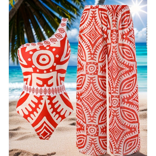 New Red Tribal Geometric Print 2-Piece Swimwear Set, One Shoulder One-Piece Swimsuit And Matching Wide Leg Cover Up Pants