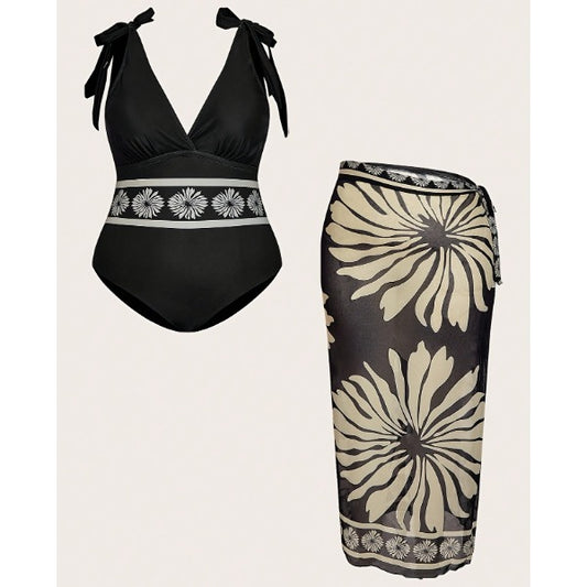 New Plus Size Black Floral 2-Piece Swimwear Set, Tie Shoulder V Neck One Piece Swimsuit And Wrap Midi Sarong Cover Up Skirt