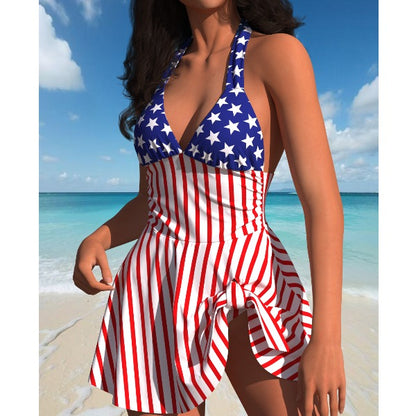 New American Flag Print Halter One Piece Skirted Swimsuit, Side Ruched Ruffle Hem Swim Dress