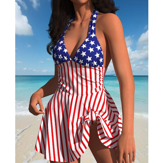 New American Flag Print Halter One Piece Skirted Swimsuit, Side Ruched Ruffle Hem Swim Dress