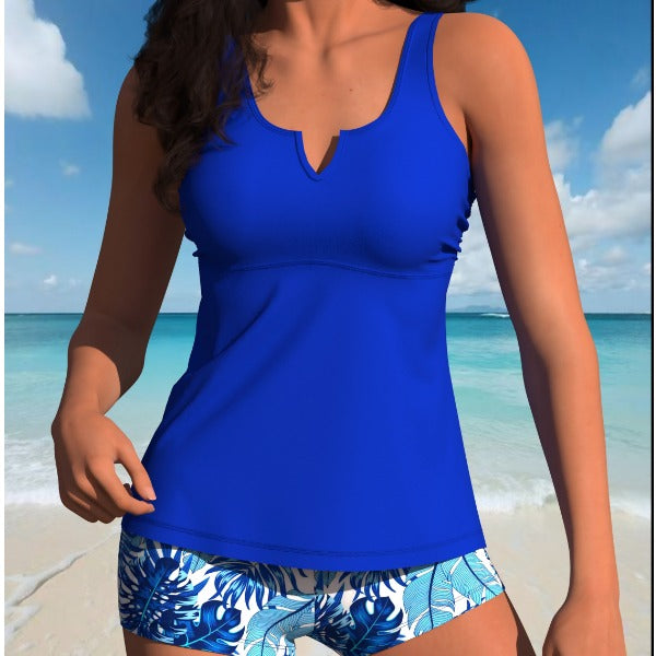 New Solid Bright Blue 2-Piece Tankini Swimwear, Notch Neck Tank Top And Marble Print Side Drawstring Boyshort Bottom