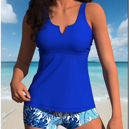 New Solid Bright Blue 2-Piece Tankini Swimwear, Notch Neck Tank Top And Marble Print Side Drawstring Boyshort Bottom