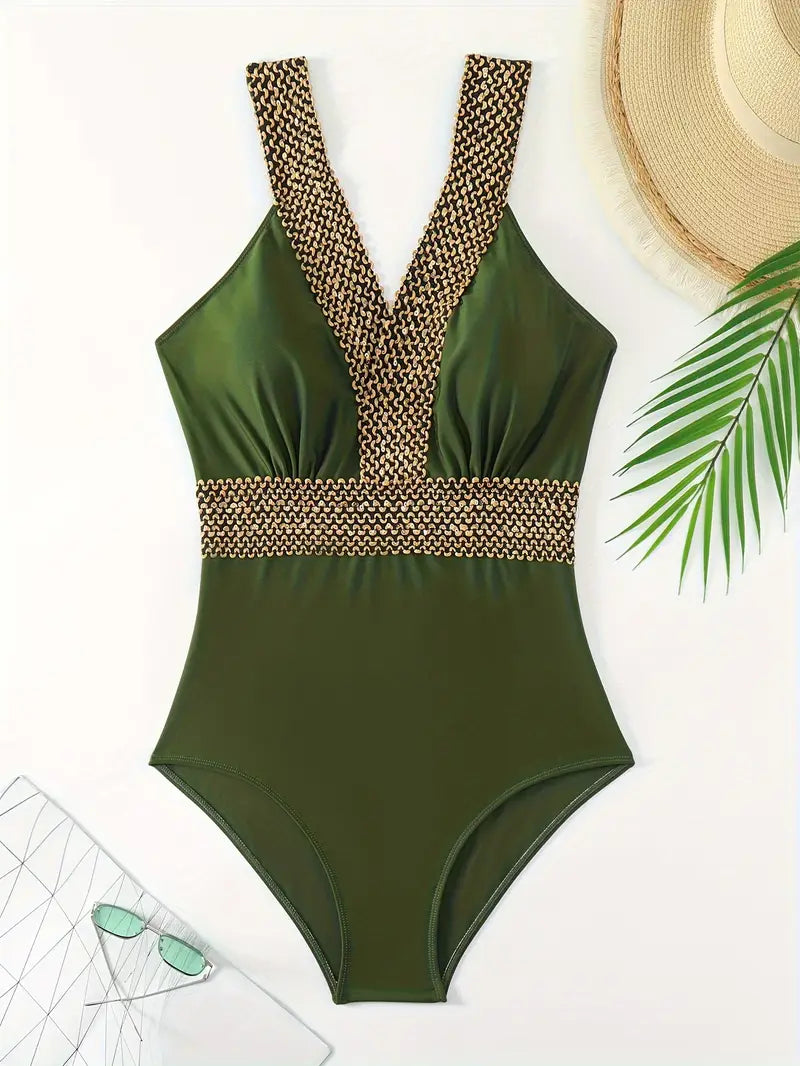 Army Green V-Neck One-Piece Swimsuit with Gold Bead Detail