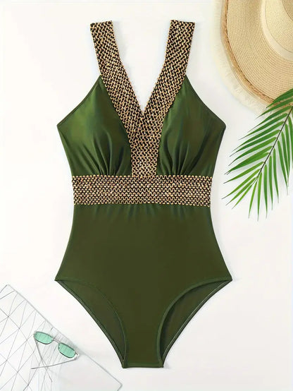 Army Green V-Neck One-Piece Swimsuit with Gold Bead Detail