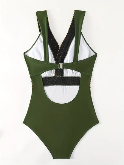 Army Green V-Neck One-Piece Swimsuit with Gold Bead Detail