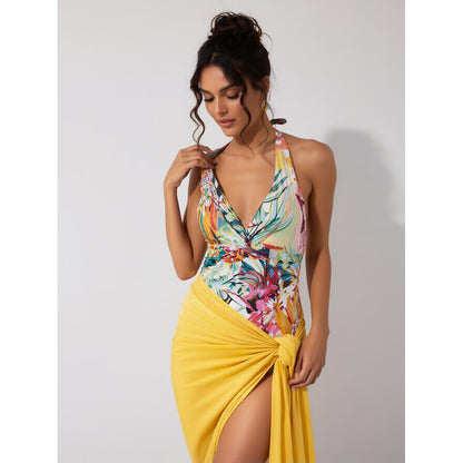 New Women's Plant Print Two-Piece Deep V Neck Swimsuit, Vacation Beach Sun Protection Swimwear for Women