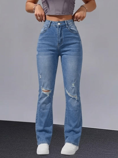 Women Distressed Cuffed Straight Leg Cropped Denim Jeans Stretch Slim Pants For Daily Street Casual Outfits