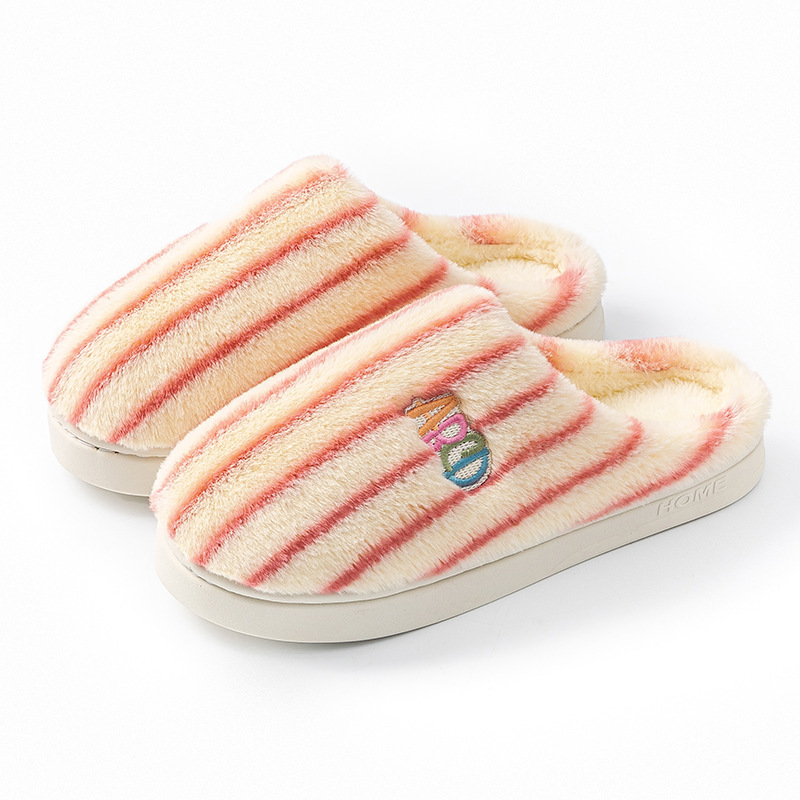Ins Plush Striped Slippers Winter Warm Letter Embroidered Shoes Fashion Floor Bedroom Home Slippers Female Male Couple