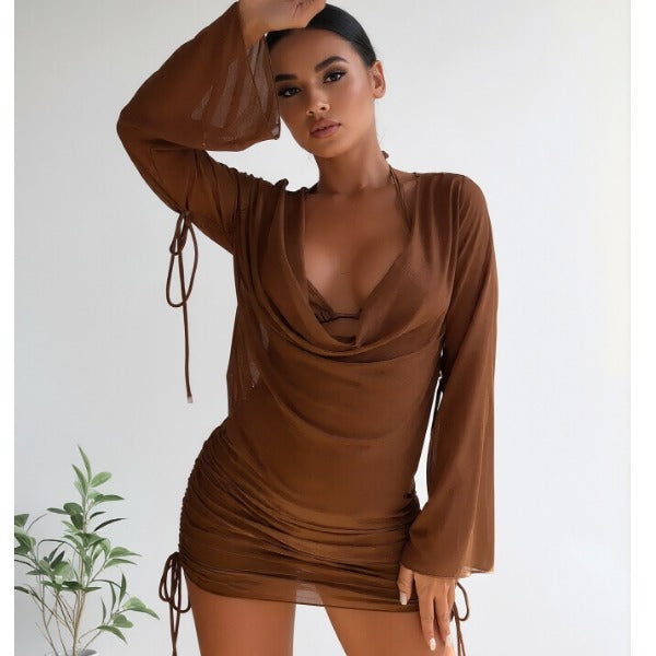 New Brown Sheer Mesh Cover-Up Dress, Cowl Neck Long Sleeve And Drawstring Ruched Hem