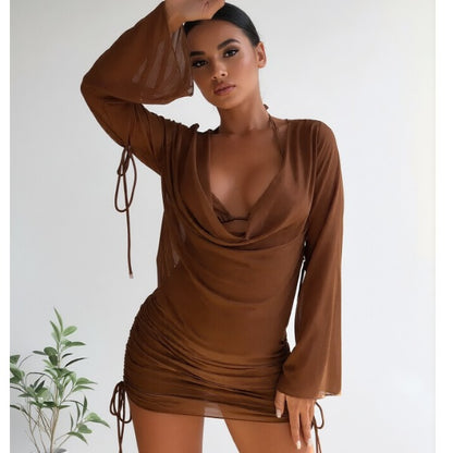 New Brown Sheer Mesh Cover-Up Dress, Cowl Neck Long Sleeve And Drawstring Ruched Hem