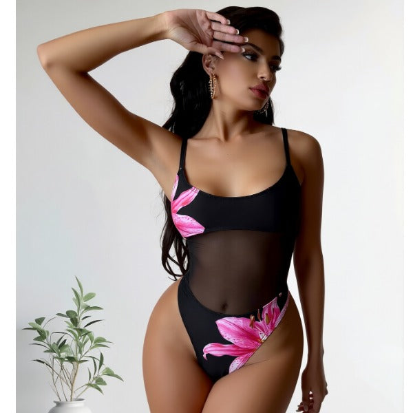 New Pink Lily Print One-Piece Swimsuit With Mesh Waist