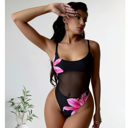 New Pink Lily Print One-Piece Swimsuit With Mesh Waist