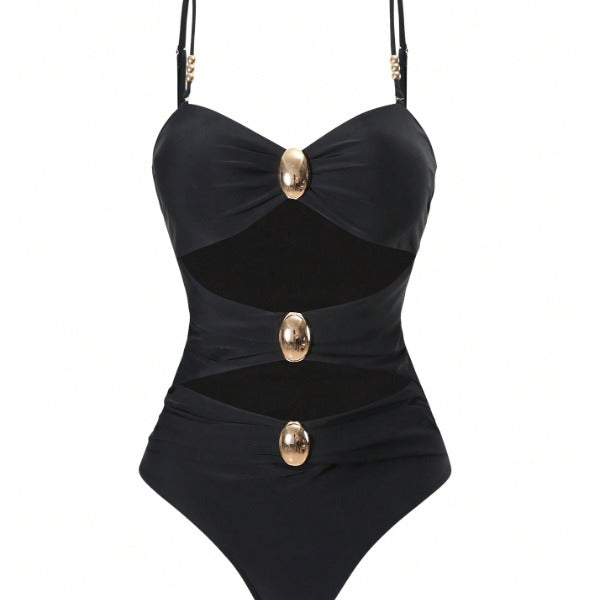 New Black 2-Piece Swimwear Set, Gold Detail Cutout One-Piece Swimsuit And Mesh Wrap Skirt