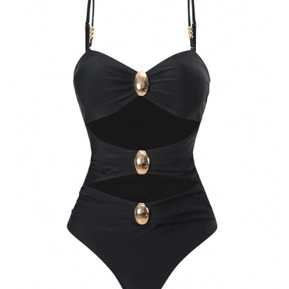 New Black 2-Piece Swimwear Set, Gold Detail Cutout One-Piece Swimsuit And Mesh Wrap Skirt