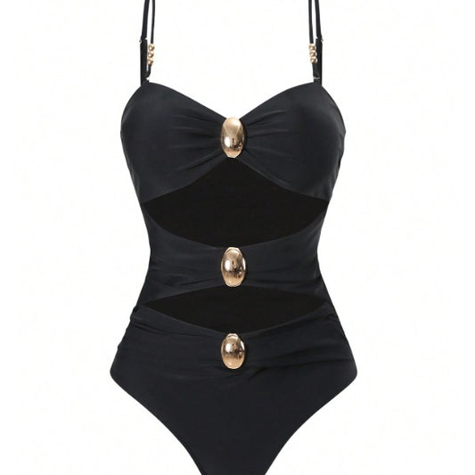 New Black 2-Piece Swimwear Set, Gold Detail Cutout One-Piece Swimsuit And Mesh Wrap Skirt
