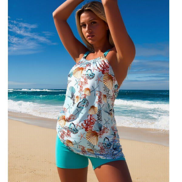 Women's two-piece swimsuit set - round neck, seashell print, fresh & minimalist casual bikini