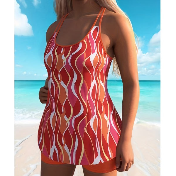 Tankini red ripple print round neck double shoulder strap elegant casual vacation two-piece swimsuit for women