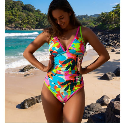 New Tropical Vibrant Floral One-Piece Swimsuit Women's Deep V Double Strap Ruched High-Waisted Bathing Suit for Beach Vacation, Vibrant & Eye-Catching