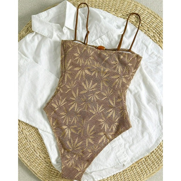 New Leaf Crochet Mesh One-Piece Swimsuit With Wooden Button Cutout Front