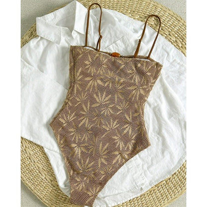 New Leaf Crochet Mesh One-Piece Swimsuit With Wooden Button Cutout Front