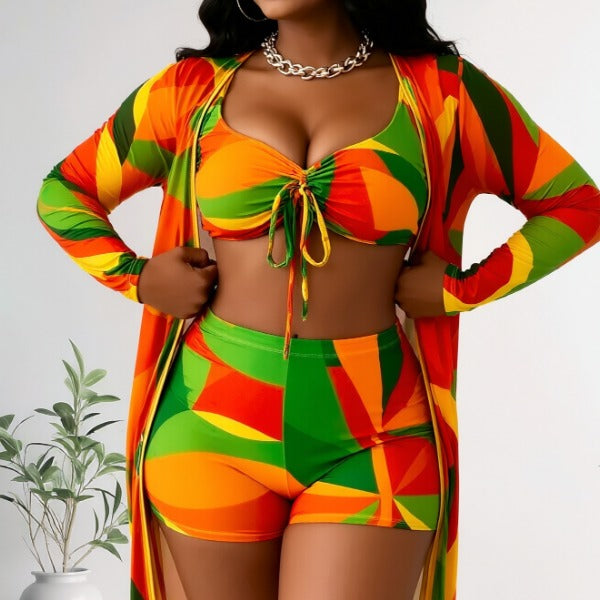 New Abstract Color Block 3-Piece Swimwear Set, Drawstring Bikini Top, High Waist Swim Shorts And Long Sleeve Kimono Cover Up