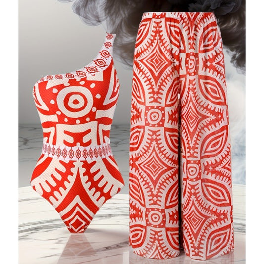 New Red Tribal Geometric Print 2-Piece Swimwear Set, One Shoulder One-Piece Swimsuit And Matching Wide Leg Cover Up Pants