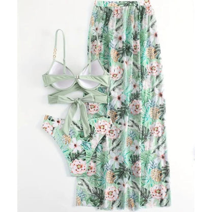 New Tropical Pineapple Floral 3-Piece Bikini Set, Wrap Tie Back Push Up Top, Matching High Cut Bottom And Wide Leg Beach Pants