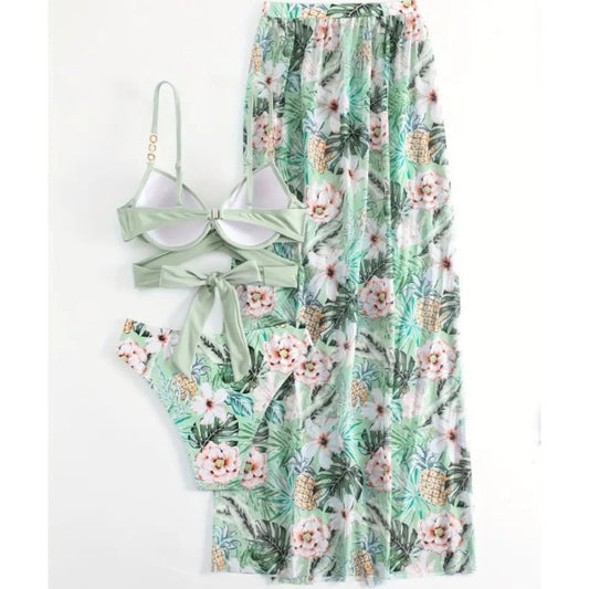 New Tropical Pineapple Floral 3-Piece Bikini Set, Wrap Tie Back Push Up Top, Matching High Cut Bottom And Wide Leg Beach Pants