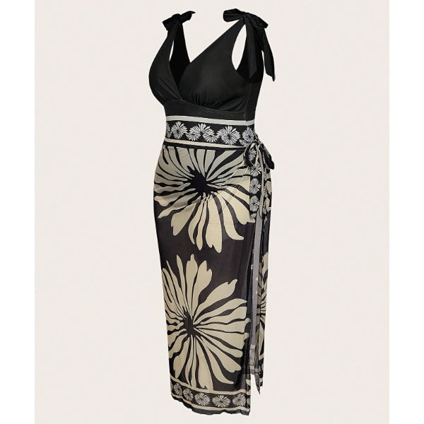 New Plus Size Black Floral 2-Piece Swimwear Set, Tie Shoulder V Neck One Piece Swimsuit And Wrap Midi Sarong Cover Up Skirt