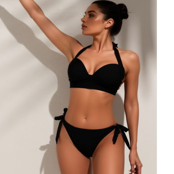 New Black Underwire Push Up Halter Bikini Set, Twist Front Top And Side Tie Bottom
