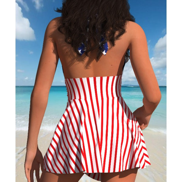 New American Flag Print Halter One Piece Skirted Swimsuit, Side Ruched Ruffle Hem Swim Dress